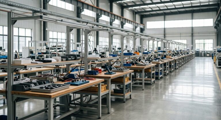 How Money Actually Moves to a Chinese Supplier - A long production line of workbenches in a bright modern factory