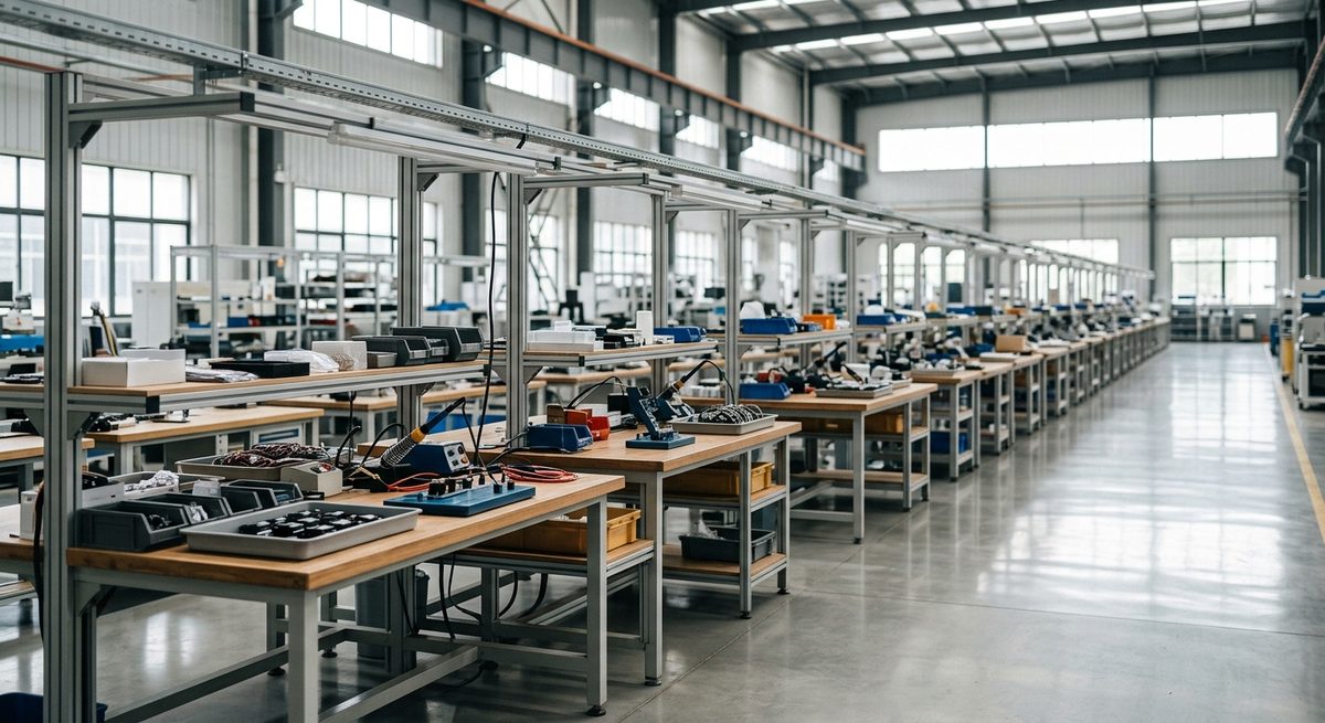 How Money Actually Moves to a Chinese Supplier - A long production line of workbenches in a bright modern factory