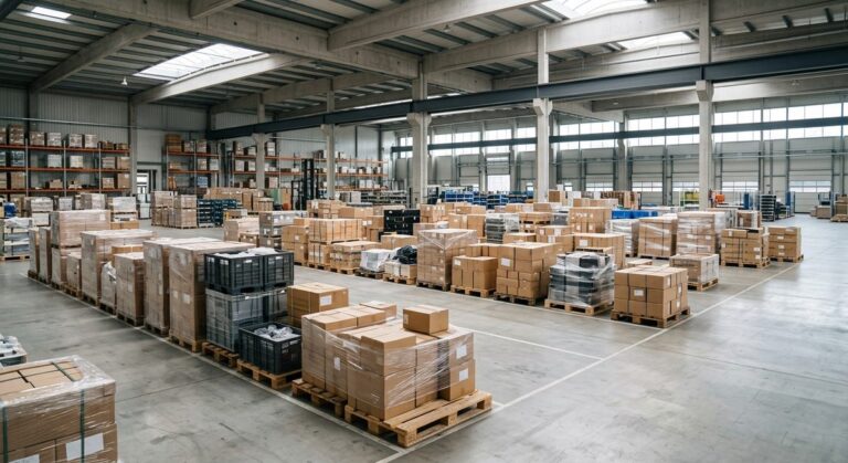 Consolidating Several Suppliers Into One Container - A consolidation warehouse with pallets from several suppliers staged together