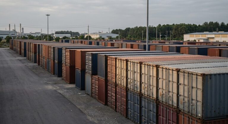 What Slows a Shipment Down After It Leaves the Factory - Rows of sealed containers waiting in a quiet yard under grey sky