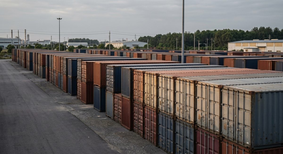 What Slows a Shipment Down After It Leaves the Factory - Rows of sealed containers waiting in a quiet yard under grey sky