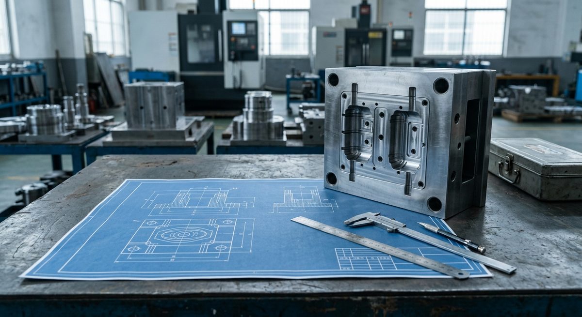 Moving From Stock Products to Your Own Design - Technical drawings beside a steel mould block on a workbench
