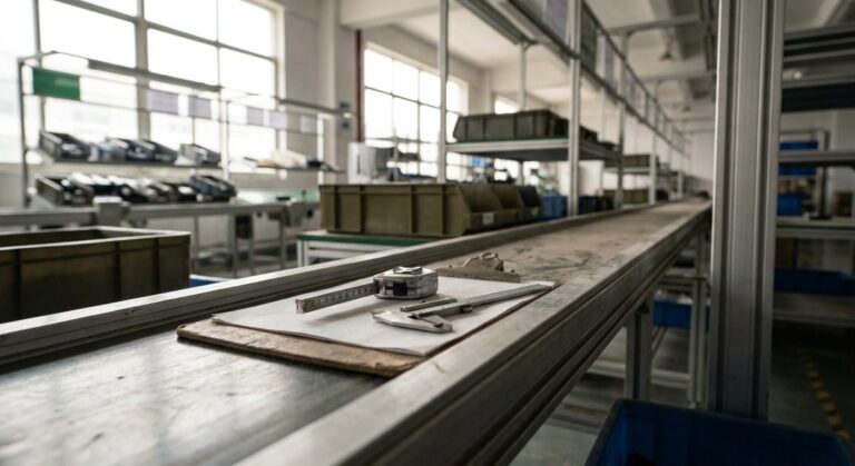 How to Verify a Guangzhou Factory in 48 Hours - A clipboard and measuring tools resting on a factory production line rail