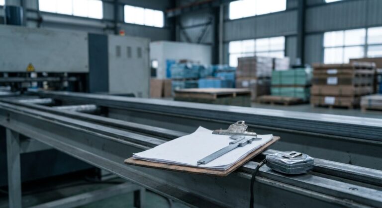 Factory Audit Checklist: - A clipboard and measuring tools resting on a factory production line rail
