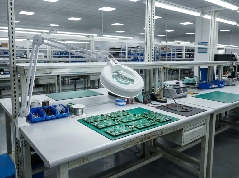 Electronics in Guangzhou: QC Risks and Golden Rules - Green circuit boards under a magnifier lamp on an electronics QC bench