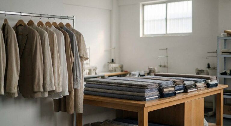Apparel & Textiles: From Fabric to Packaging QC - Garment samples on hangers beside a cutting table stacked with fabric