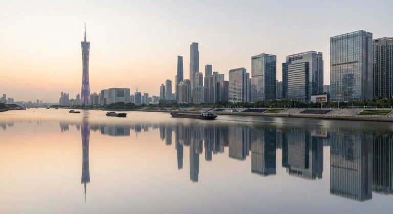 Top 10 Popular Markets in Guangzhou for Visitors (with addresses) - The Guangzhou skyline over the Pearl River at dusk with the tower lit