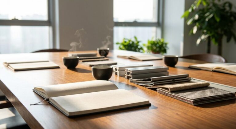 Why Working With a China Agent Is the Smartest Move You Will Make for Your Business - A meeting table with product samples, notebooks and tea cups in a bright office