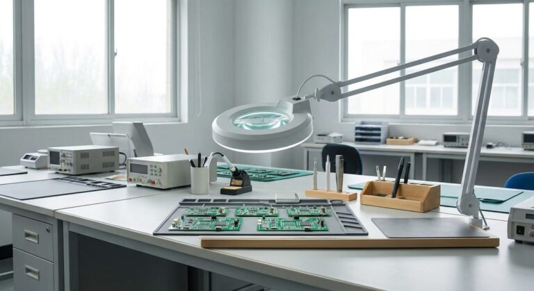 How to Order Consumer Electronics & Smart Gadgets from Guangzhou - Green circuit boards under a magnifier lamp on an electronics QC bench