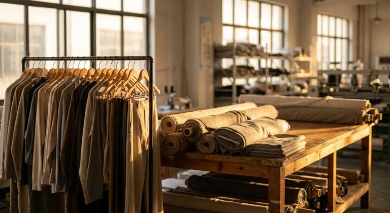 How to Order Textiles & Apparel from Guangzhou Manufacturing - Garment samples on hangers beside a cutting table stacked with fabric