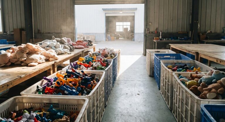 How to Source Toys & Baby Products from Guangzhou, China - Moulded plastic toy parts and soft plush pieces in sorting bins