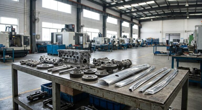 How to Source Automotive & Tools from Guangzhou, China - Machined automotive parts and trim pieces laid out on a steel bench