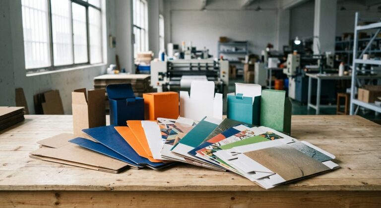 How to Order Custom Packaging & Print from Guangzhou - Flat folded cartons and printed packaging samples fanned on a table