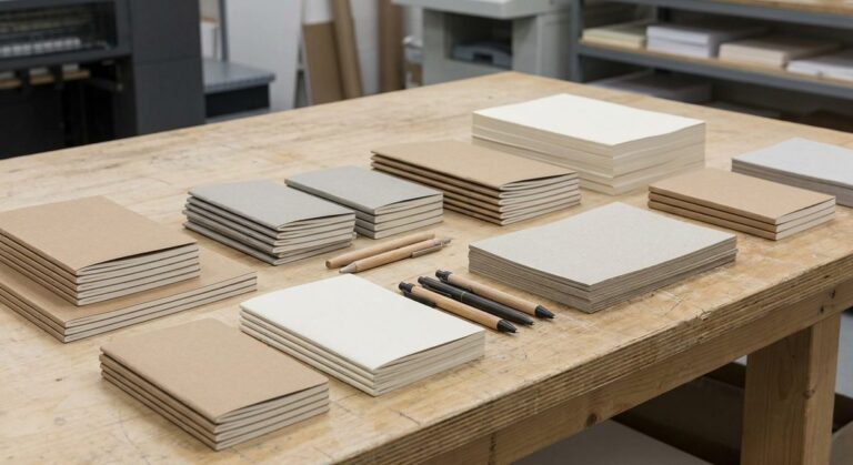 Sourcing Stationery & Office Products from Guangzhou - Notebooks, pens and paper stock stacked on a print shop table
