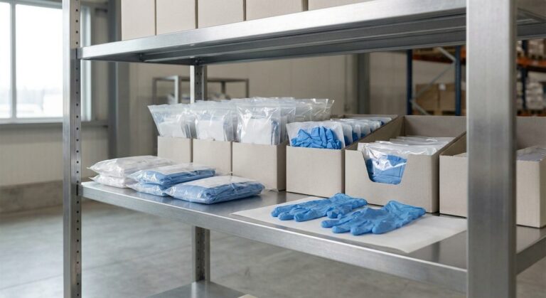 How to Order Medical & PPE Products from Guangzhou Factories - Sealed medical supply packaging and nitrile gloves on a clean shelf