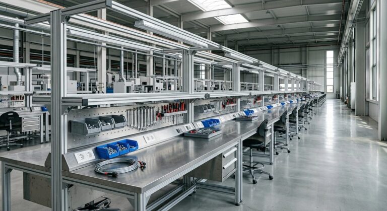 Sourcing Power & Accessories from Guangzhou, China - A long production line of workbenches in a bright modern factory
