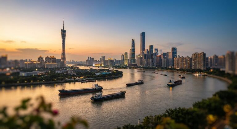 Help in Guangzhou: What Foreign Buyers Need on the Ground - The Guangzhou skyline over the Pearl River at dusk with the tower lit