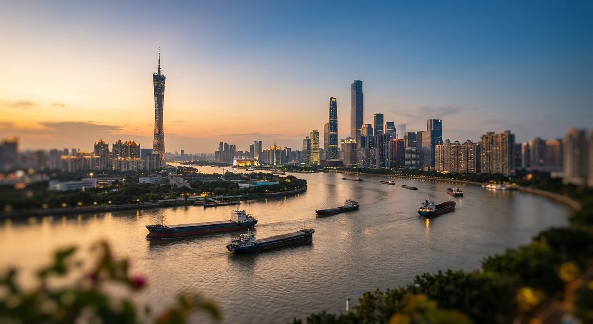 Help in Guangzhou: What Foreign Buyers Need on the Ground - The Guangzhou skyline over the Pearl River at dusk with the tower lit