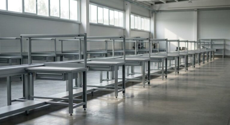 China Sourcing Agent or Doing It Yourself: Where Orders Slip - A long production line of workbenches in a bright modern factory