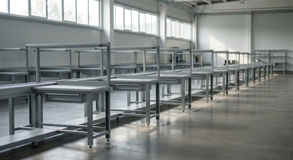 China Sourcing Agent or Doing It Yourself: Where Orders Slip - A long production line of workbenches in a bright modern factory