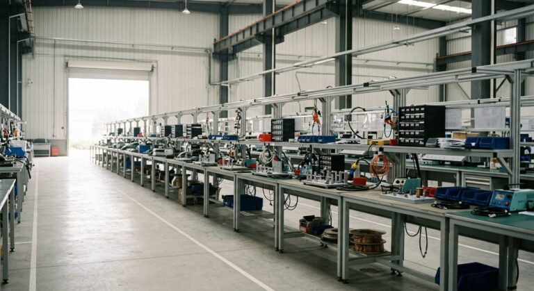 Your First Sourcing Trip to Guangzhou: How to Prepare Well - A long production line of workbenches in a bright modern factory