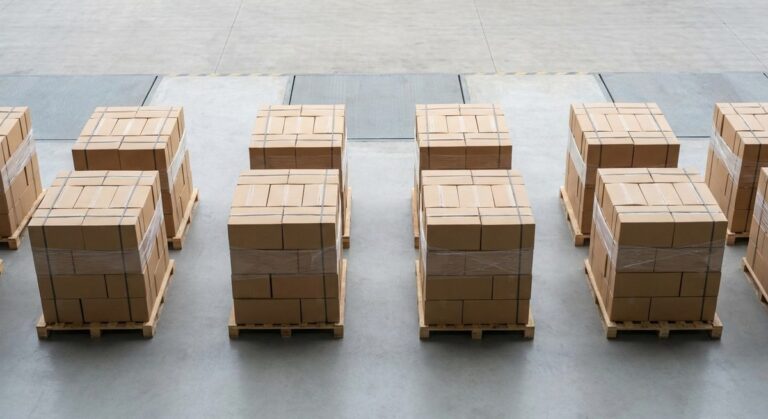 Choosing Products to Import from China: A Working Method - Palletised export cartons staged at a warehouse loading dock