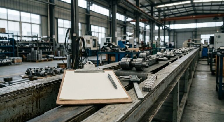 How to Visit Factories in Guangzhou Without Wasting Days - A clipboard and measuring tools resting on a factory production line rail