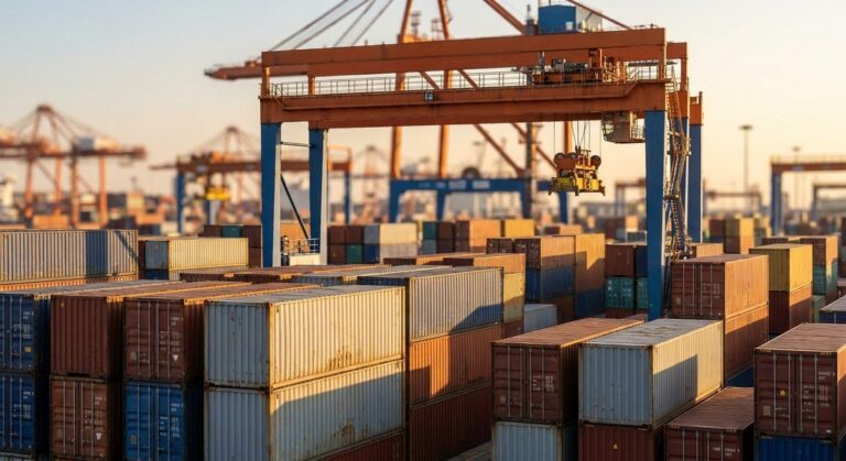 Shipping from Guangzhou: Sea, Air, Rail and Express Compared - Stacked shipping containers and a gantry crane at a container terminal