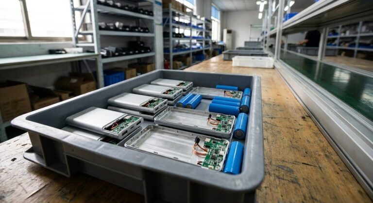 What a Power Bank Really Costs: From Unit Price to Landed Cost - Opened power bank casings with lithium cells and small circuit boards in a tray