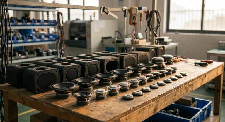 Bluetooth Speaker Quality Control: Catch Faults Before They Ship - Portable speaker housings and driver cones arranged on a test bench