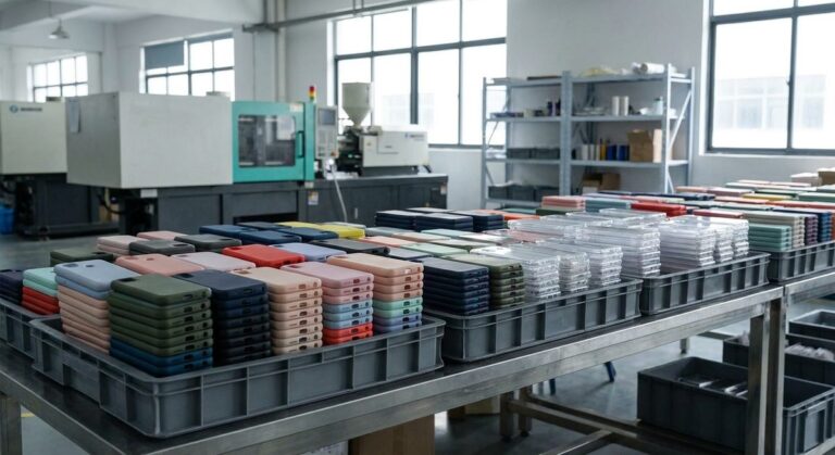 Phone Case Sourcing Map: Where China Really Makes Them - Stacks of moulded silicone and hard phone cases in trays on a factory table