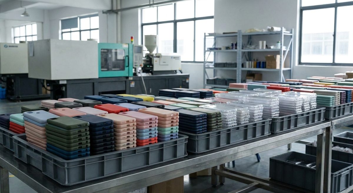 Phone Case Sourcing Map: Where China Really Makes Them - Stacks of moulded silicone and hard phone cases in trays on a factory table