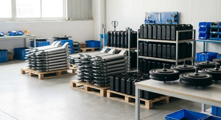 Electric Scooter Freight: Batteries, Cartons and Container Math - Electric scooter decks, wheels and battery packs in a workshop bay