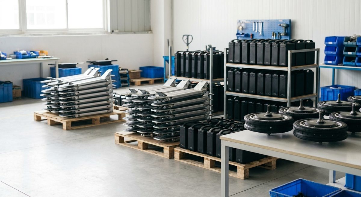 Electric Scooter Freight: Batteries, Cartons and Container Math - Electric scooter decks, wheels and battery packs in a workshop bay