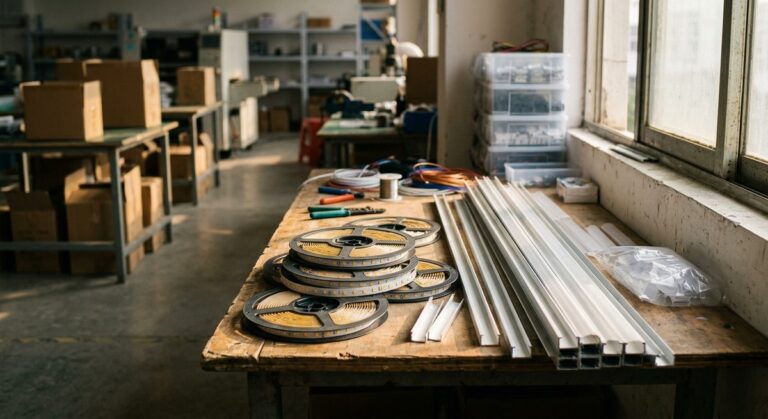 What Drives the Price of an LED Advertising Display from China - Coiled LED strip reels and aluminium channel profiles on a workbench