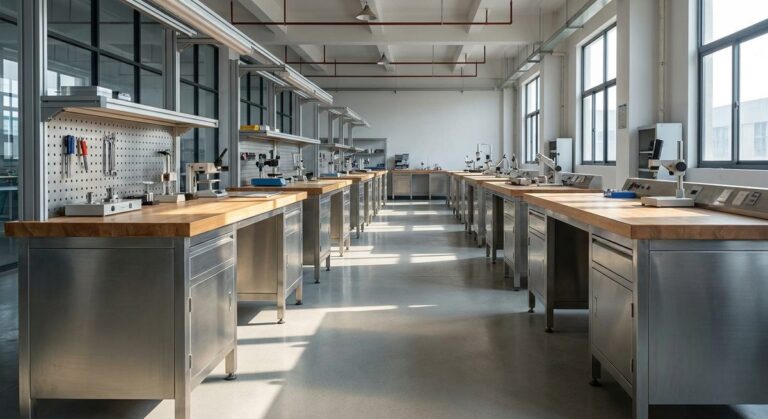 The Production Map Behind Every Air Purifier Order in China - A long production line of workbenches in a bright modern factory