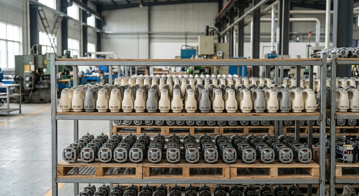 Putting Your Own Name on a Robot Vacuum: A Factory View - Small appliance housings and motor units lined up on a production rack