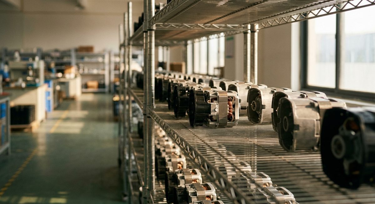 Test Reports and Paperwork for Kitchen Appliance Imports - Small appliance housings and motor units lined up on a production rack