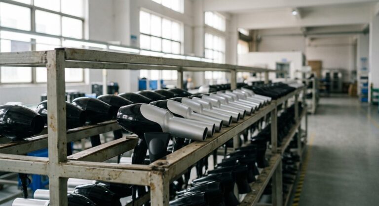 Cartons, Cubic Metres and Hair Dryer Freight Done Properly - Hair dryer housings and nozzle attachments lined up on a production rack