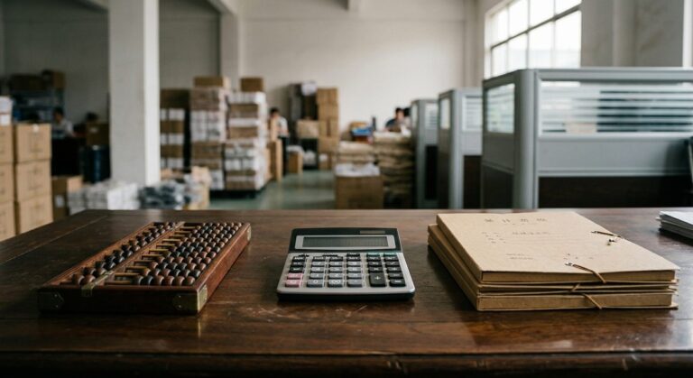 Samples, MOQs and Payment Terms for Massage Gun Orders - An abacus, a calculator and quotation folders on a dark wooden desk